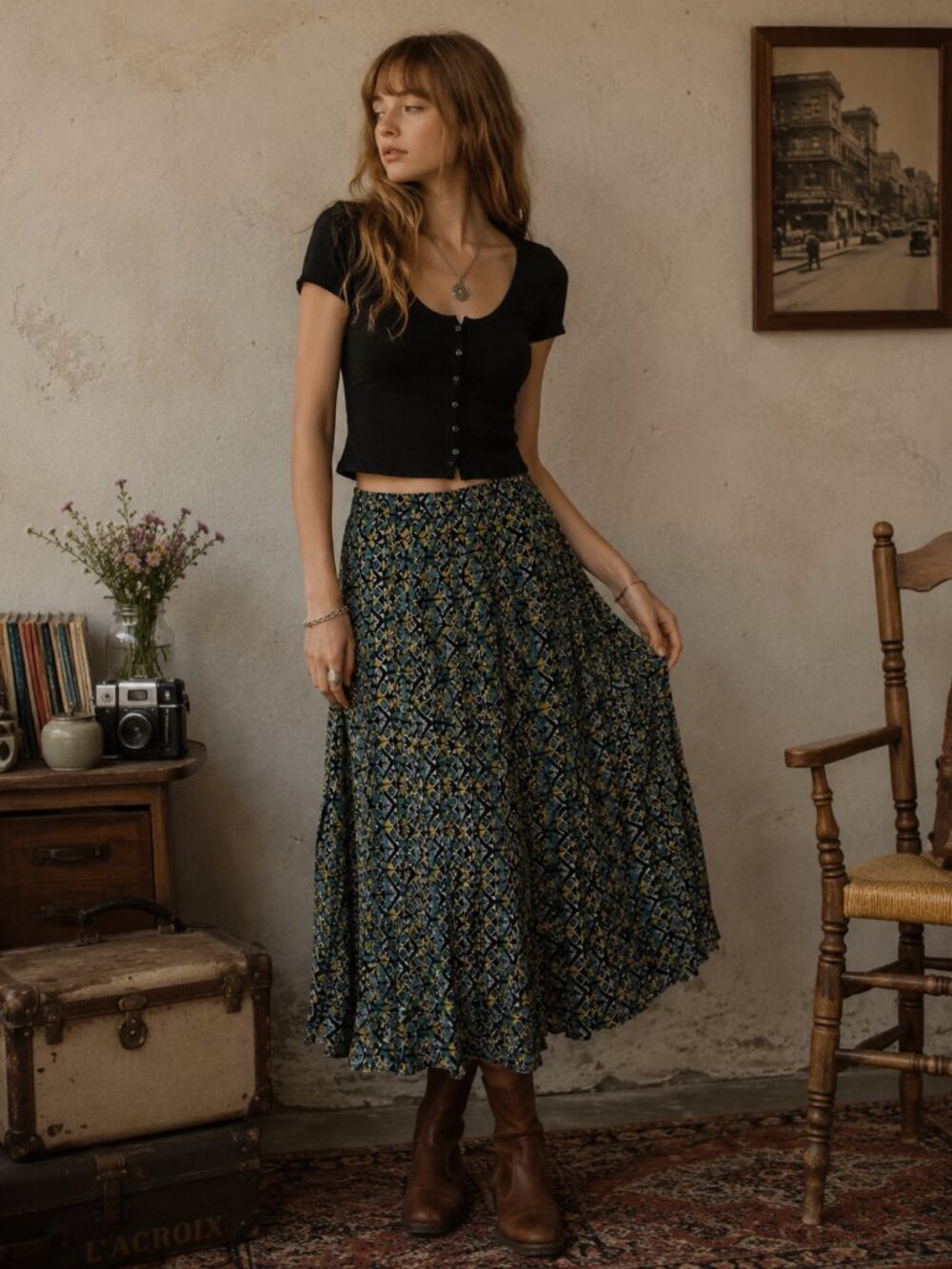 Vintage Inspired Pleated Boho Print Maxi Skirt